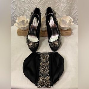 Karen Millen black satin crystal heels and matching purse